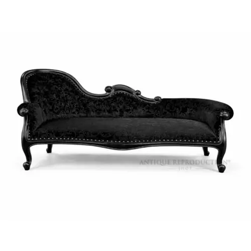 Noir Regency Grand Duchess black chaise lounge with patterned upholstery and handcrafted mahogany frame