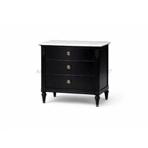 Noir Regency Marble 3 Drawer Bedside Chest with genuine marble top and satin black finish