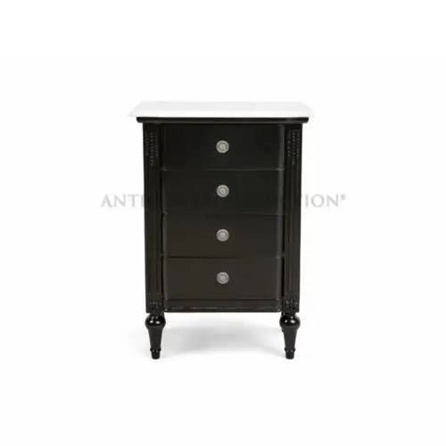 Noir Regency Marble Bedside Chest with genuine marble top and satin black finish