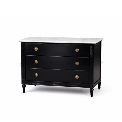 Noir Regency Marble Chest of Drawers with genuine marble top and satin black finish