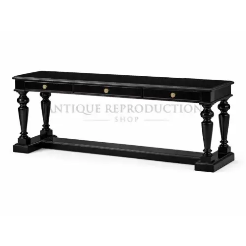 Noir Regency Mayfair black console table with three drawers, turned legs and brass hardware