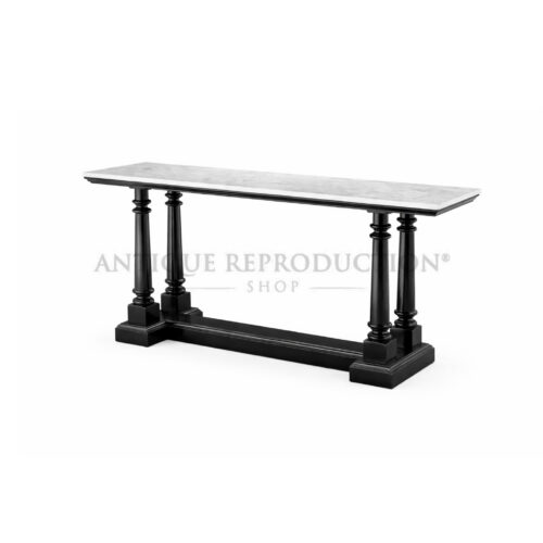 Noir Regency Mayfair marble console table with natural marble top and black timber base