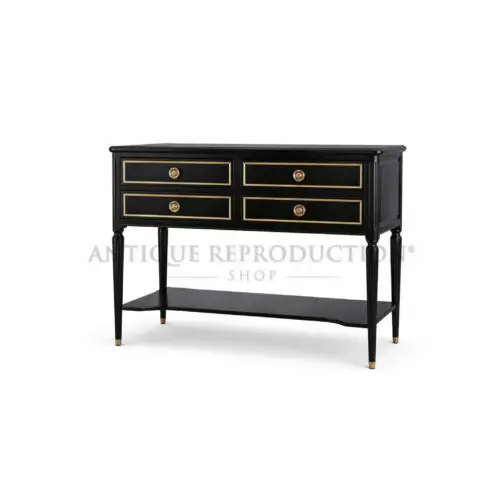 Noir Regency Park Lane black console cabinet with hand-painted gold detailing and four drawers