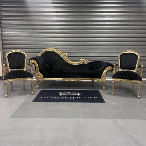Chaise Lounge And Louis Rose Carved Chairs Setting - Antique Gold