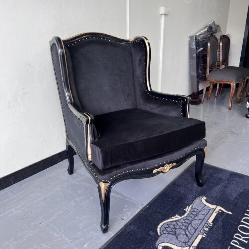 Louis French Wing Chair - Black Finish With Antique Gold Highlights