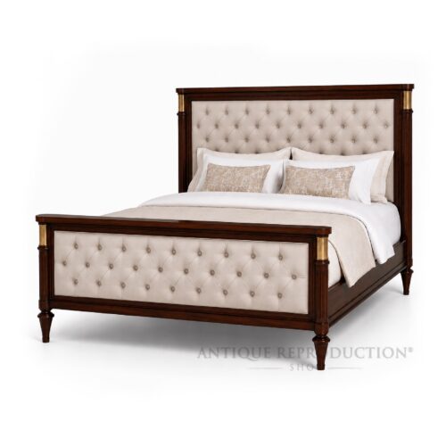 Belgravia antique style upholstered bed frame with button-tufted panels, mahogany frame and gold accents