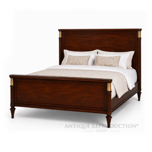 Belgravia Estate antique style mahogany bed with panelled headboard, footboard and brass column accents
