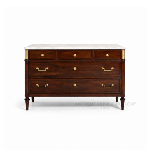 Belgravia antique style marble chest of drawers in solid mahogany with genuine marble top and brass hardware