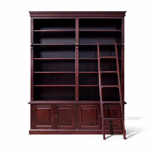 Custom mahogany library bookcase with ladder, open shelves and lower storage cupboards