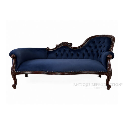 Heritage Grand Duchess chaise lounge with deep-buttoned navy upholstery and solid mahogany frame