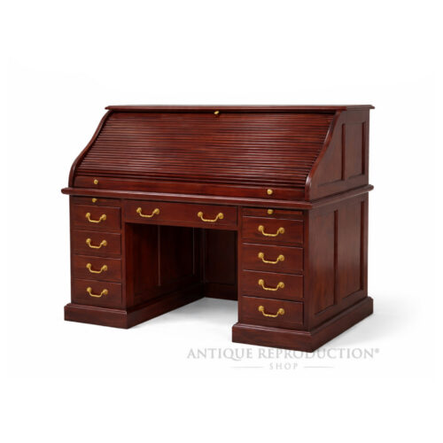 Traditional mahogany roll top desk closed with timber tambour and brass-finish handles