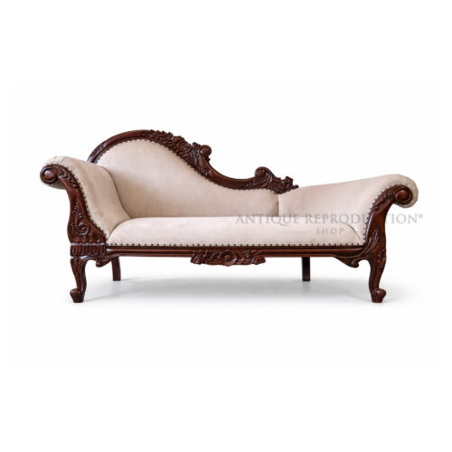 Langford solid mahogany chaise lounge with upholstered seat and hand-carved timber frame