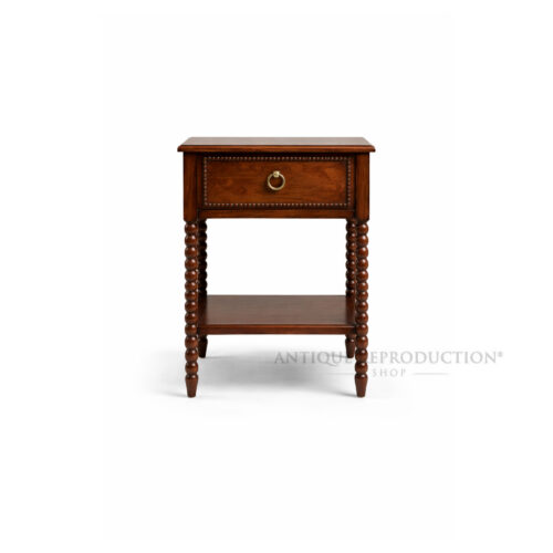 Langley solid mahogany bedside table with brass ring pull and bobbin turned legs