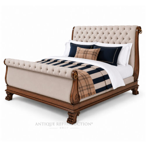 Langley upholstered sleigh bed handcrafted from solid mahogany with elegant upholstered panels