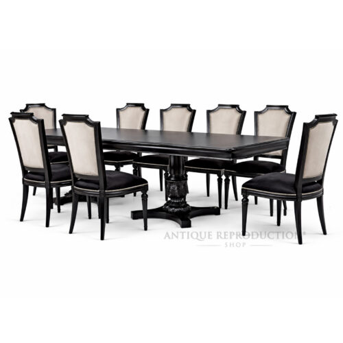 Noir Regency Park Lane black 10 seater dining suite with pedestal table and upholstered dining chairs