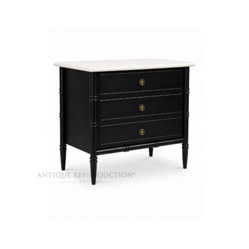 Noir Regency Park Lane black marble bedside table with three drawers and brass hardware