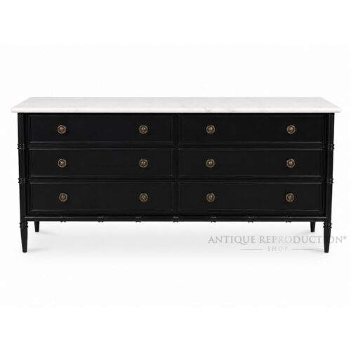 Noir Regency Park Lane black marble chest of drawers with six drawers and brass hardware