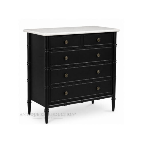 Noir Regency Park Lane black marble tallboy with five drawers and refined brass hardware