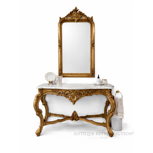 Palais Royale French gold console and mirror with natural marble top and ornate carved gilded frame