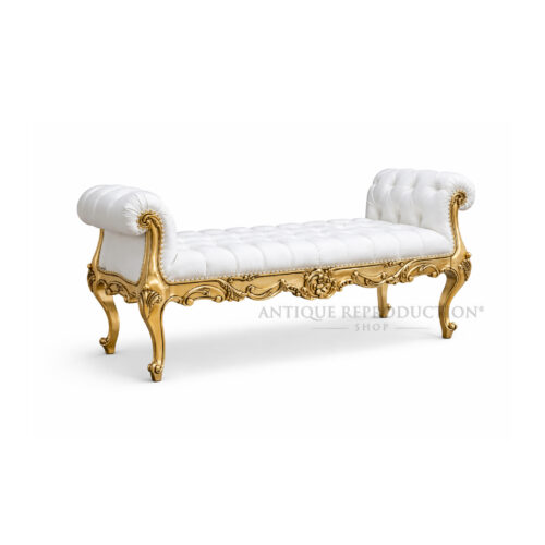 Palais Royale French gold bench with white tufted synthetic leather and ornate Rococo carving