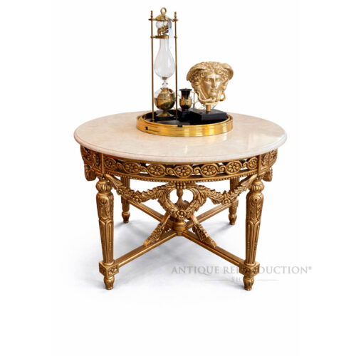 Palazzo Grand gold marble centre table with carved mahogany frame and elaborate stretcher base