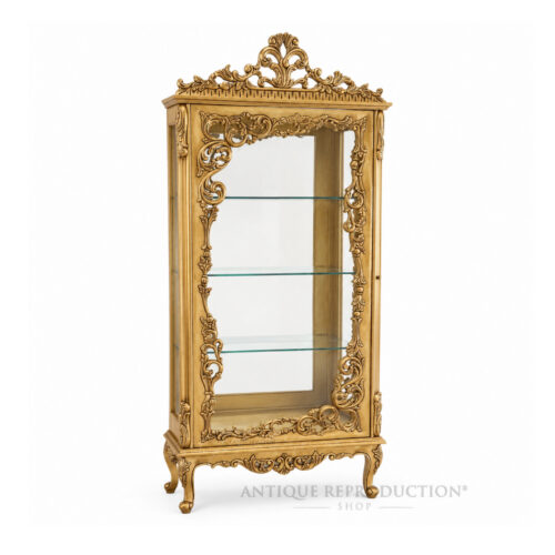Palazzo Grand large gold glass display cabinet with ornate Baroque carving and glass shelving