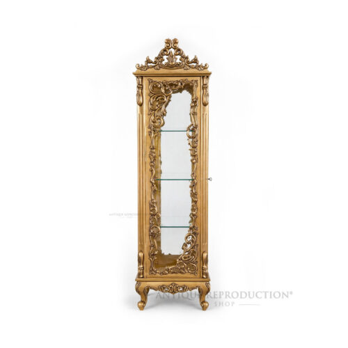 Palazzo Petite gold glass display cabinet with ornate Baroque carving and glass shelving