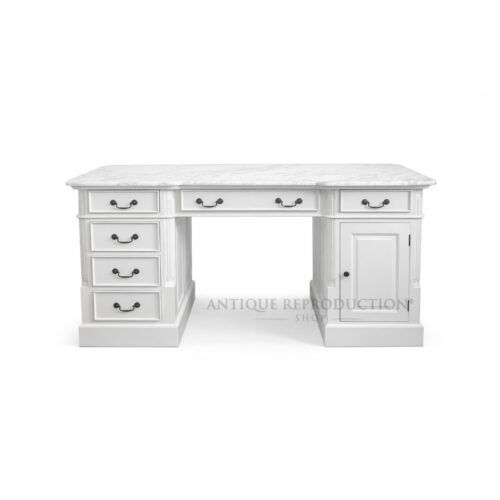 Southampton white marble executive desk with six drawers, storage cupboard and dark metal hardware