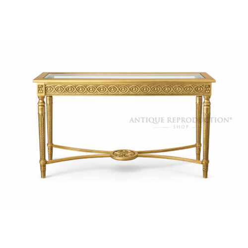 Versailles French gold console table with inset glass top, fluted legs and carved Louis XVI detailing