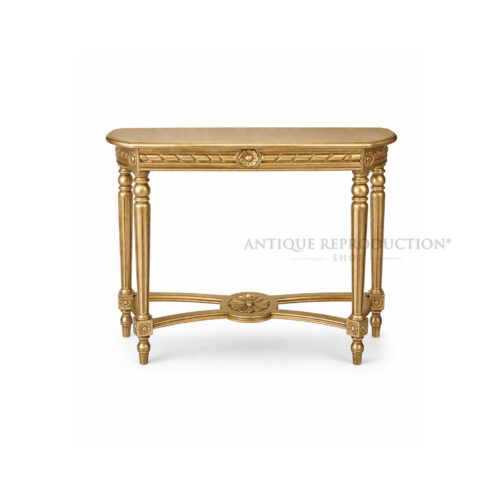 Versailles French gold hall table with fluted legs, carved floral rosettes and shaped stretcher base