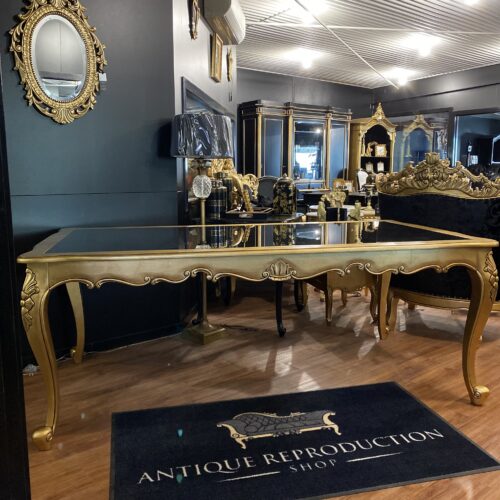 French Provincial Dining Table With Glass Inlay - Antique Gold finish