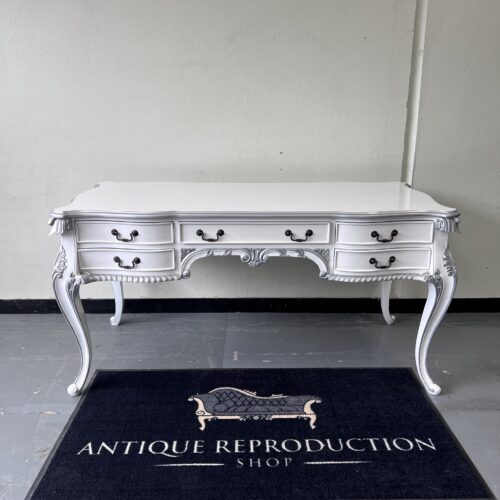 French Provincial Louis Writing Desk 5 Drawer - White With Antique Silver Highlights